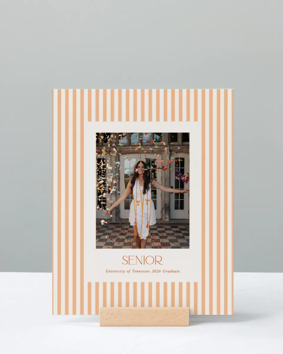 This is a 8" x 10" Photo Grad Sign called Senior Stripes printed in full color with Rose Gold foil