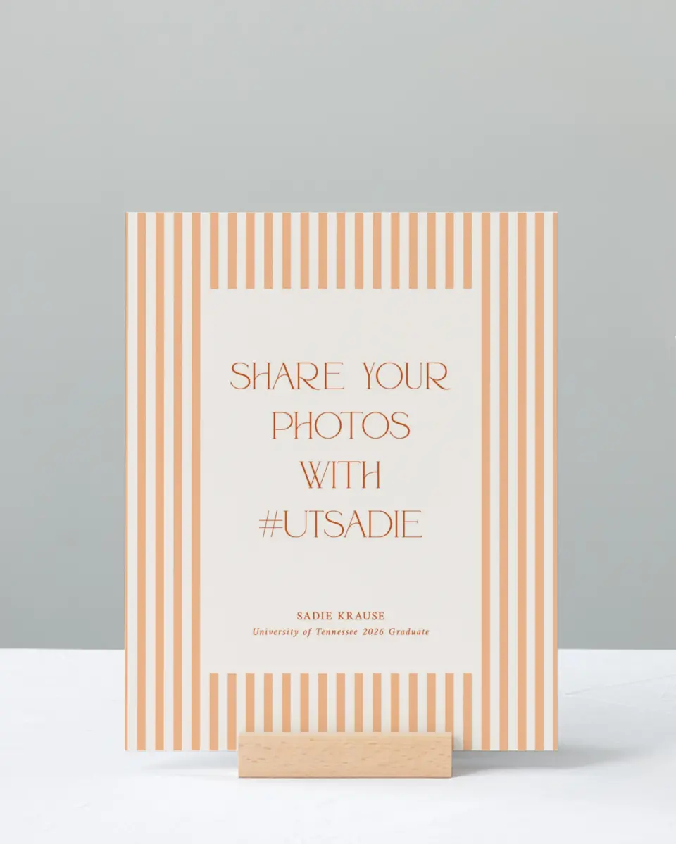 This is a 8" x 10" Let's Celebrate & Snap a Photo Grad Sign called Senior Stripes printed in full color with Rose Gold foil