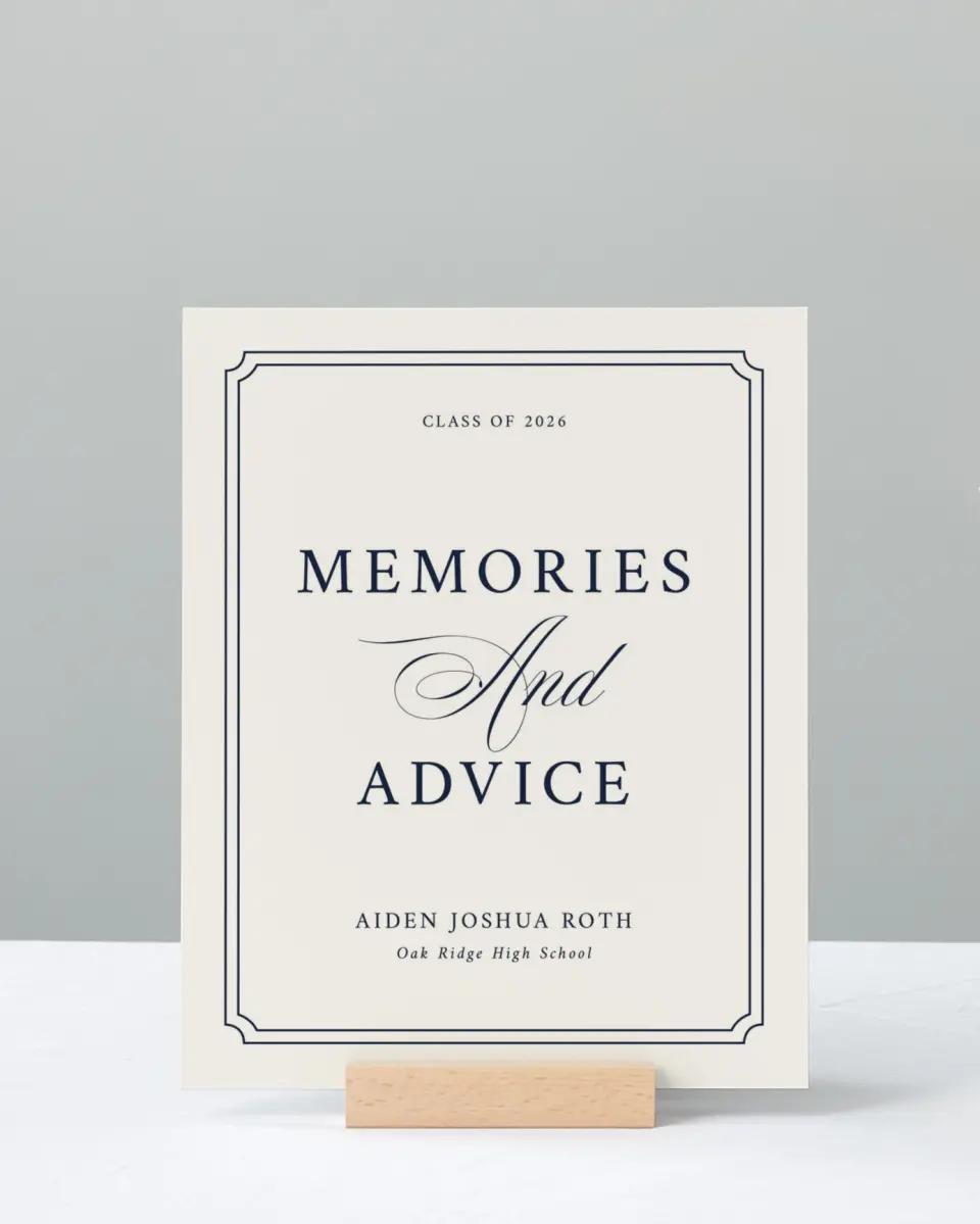 This is a 8" x 10" Memory & Advice Grad Sign called Formal Frame printed in full color