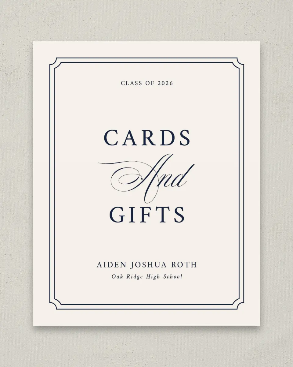 This is a 8" x 10" Cards & Gifts Grad Sign called Formal Frame printed in full color