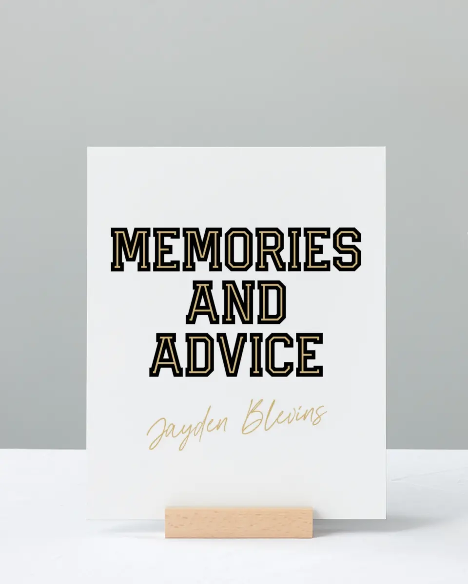 This is a 8" x 10" Memory & Advice Grad Sign called Varsity Vibes printed in full color with Rose Gold foil