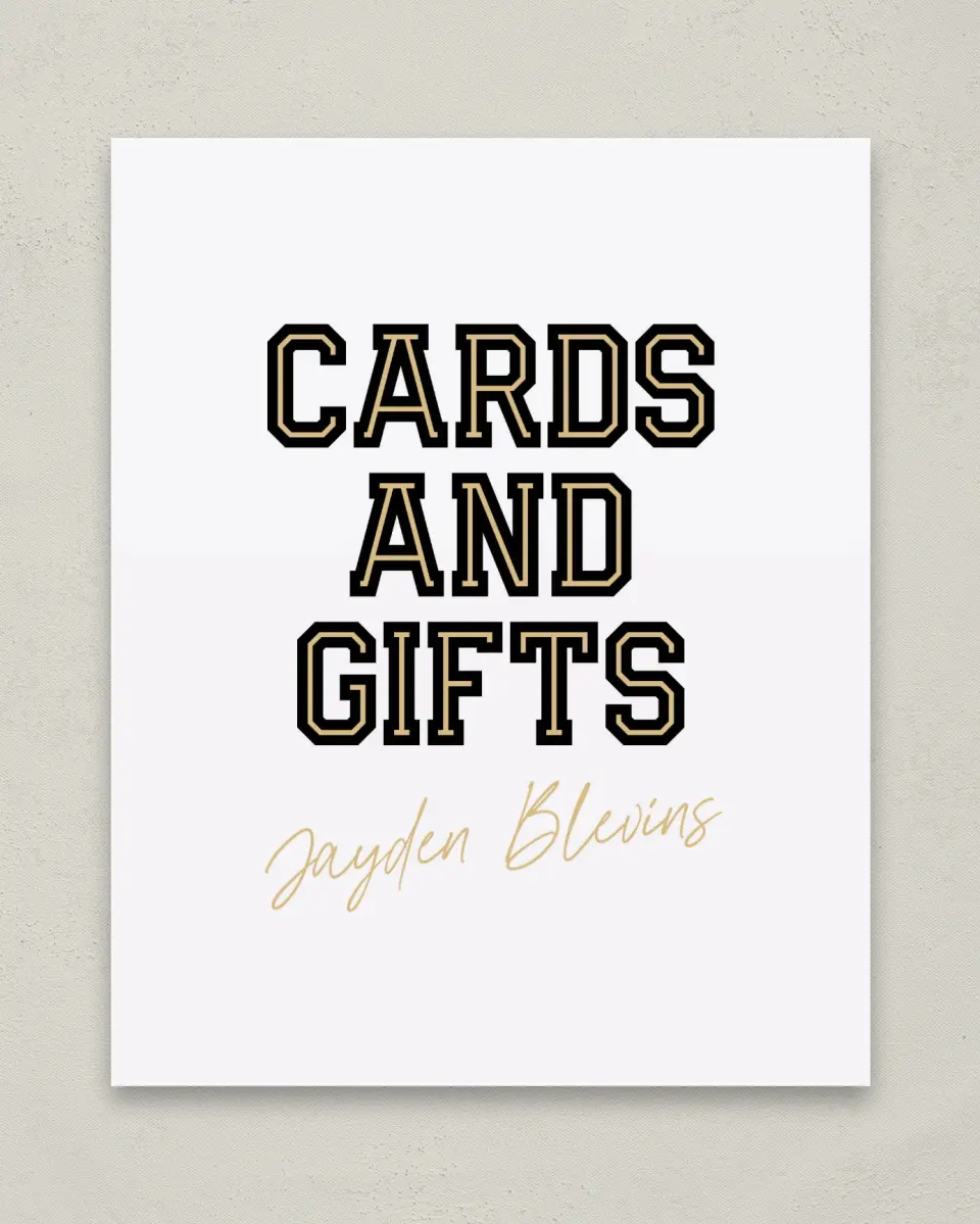 This is a 8" x 10" Cards & Gifts Grad Sign called Varsity Vibes printed in full color with Gold foil