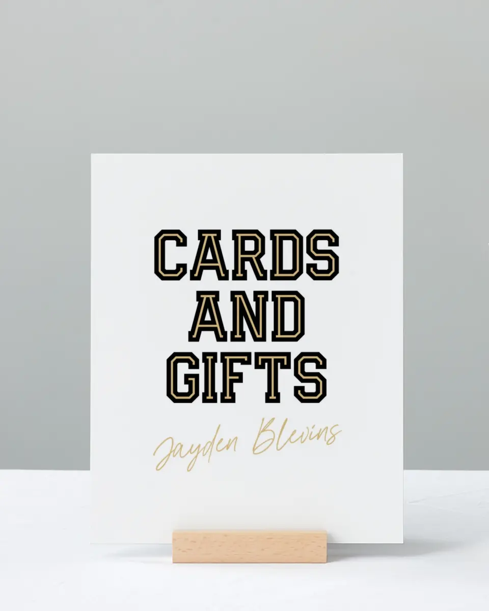 This is a 8" x 10" Cards & Gifts Grad Sign called Varsity Vibes printed in full color with Rose Gold foil