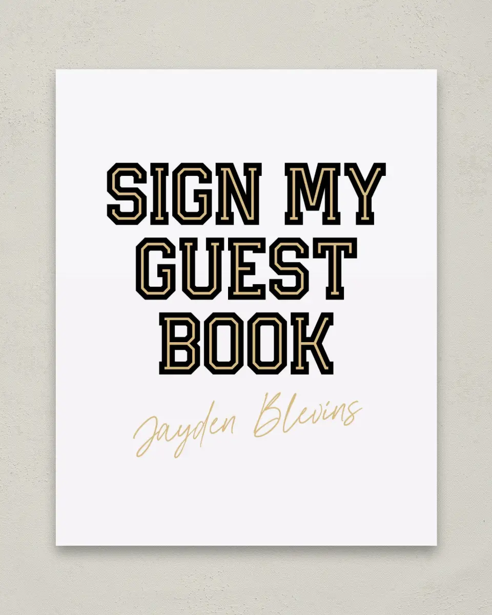 This is a 8" x 10" Guestbook Grad Sign called Varsity Vibes printed in full color with Gold foil