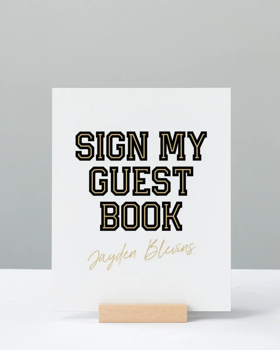 This is a 8" x 10" Guestbook Grad Sign called Varsity Vibes printed in full color with Rose Gold foil