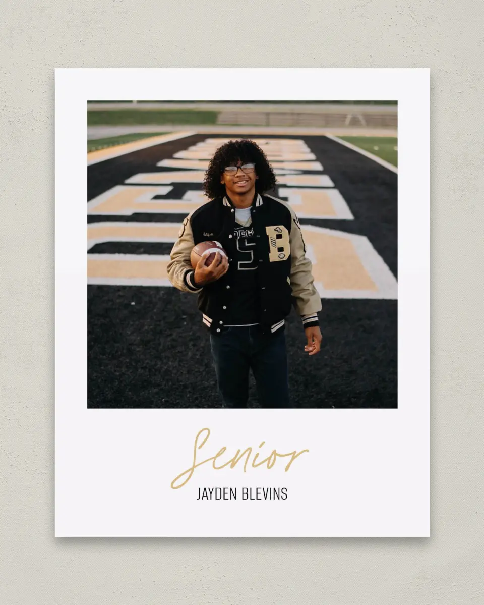 This is a 8" x 10" Photo Grad Sign called Varsity Vibes printed in full color with Gold foil
