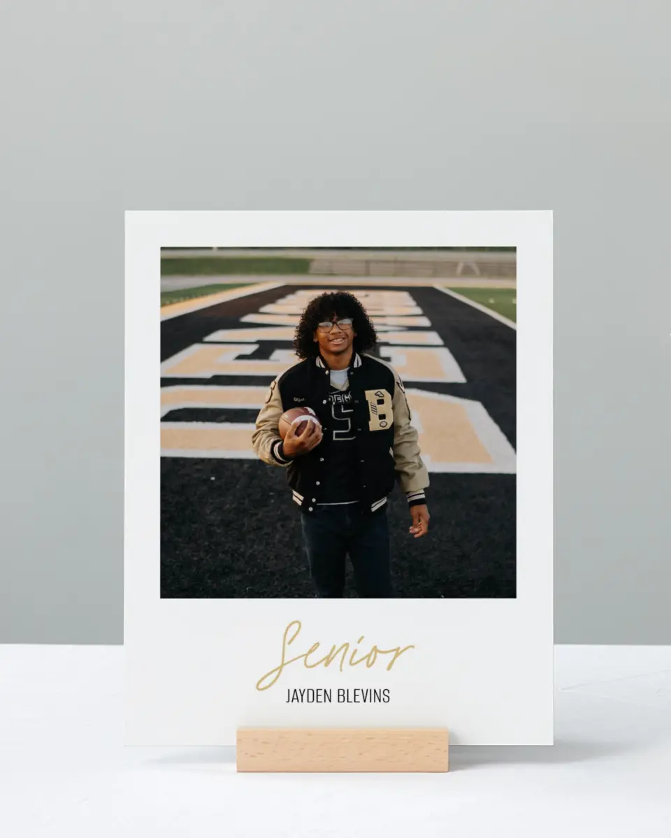 This is a 8" x 10" Photo Grad Sign called Varsity Vibes printed in full color with Rose Gold foil