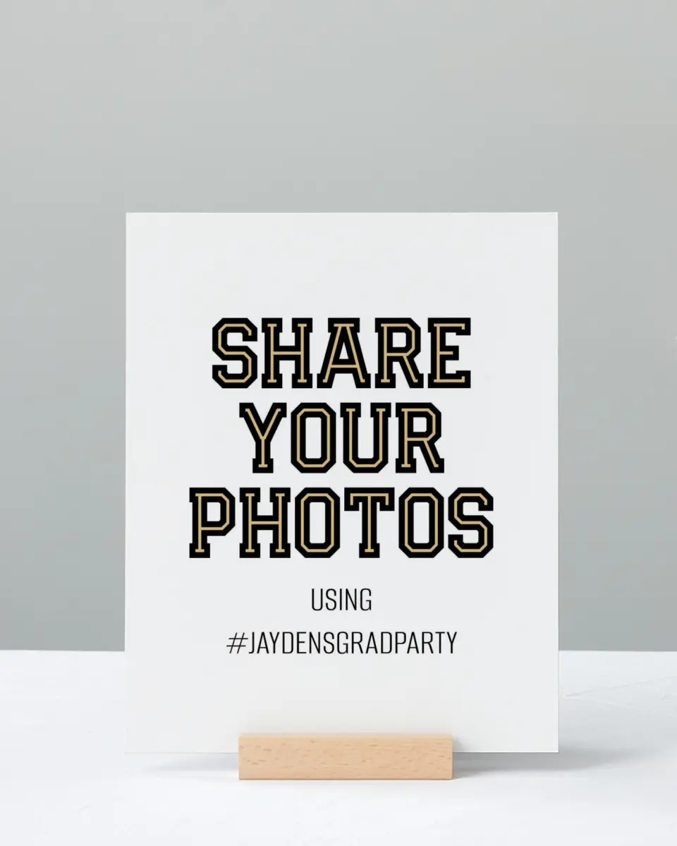 This is a 8" x 10" Let's Celebrate & Snap a Photo Grad Sign called Varsity Vibes printed in full color with Rose Gold foil
