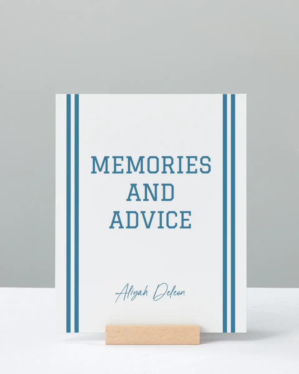 This is a 8" x 10" Memory & Advice Grad Sign called Varsity Stripes printed in full color with Rose Gold foil
