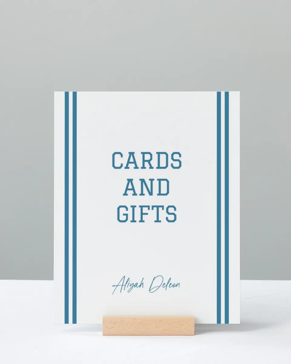 This is a 8" x 10" Cards & Gifts Grad Sign called Varsity Stripes printed in full color with Silver foil