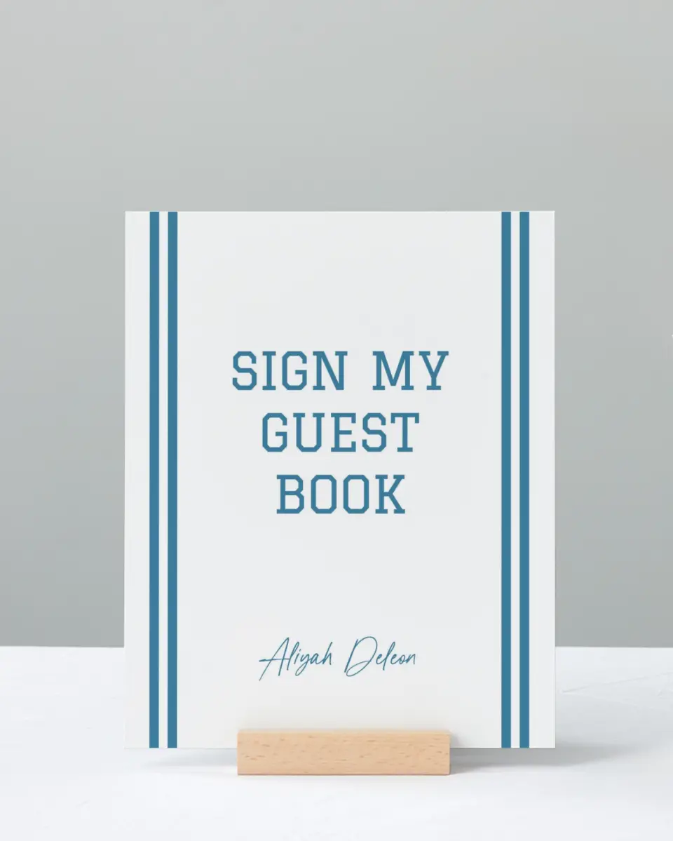 This is a 8" x 10" Guestbook Grad Sign called Varsity Stripes printed in full color with Gold foil