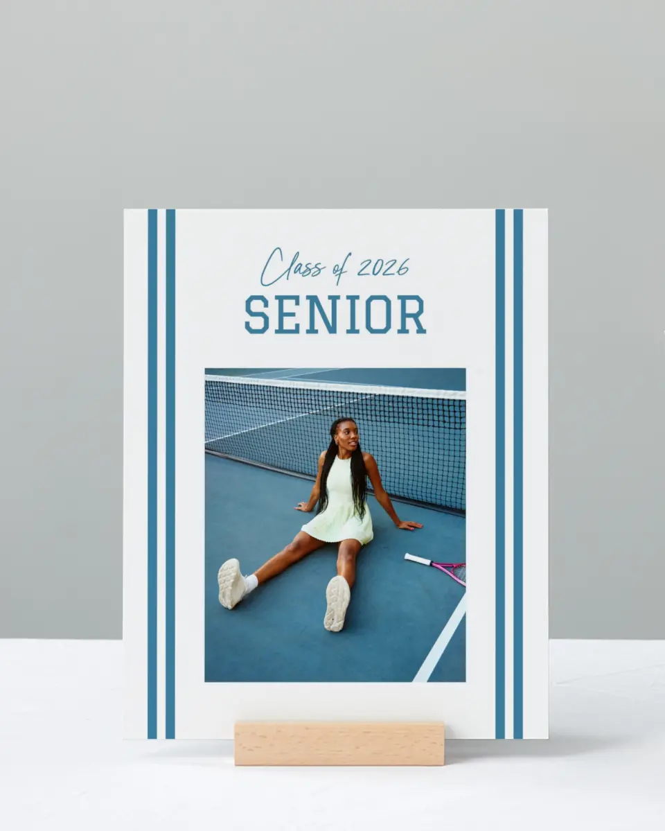 This is a 8" x 10" Photo Grad Sign called Varsity Stripes printed in full color with Silver foil