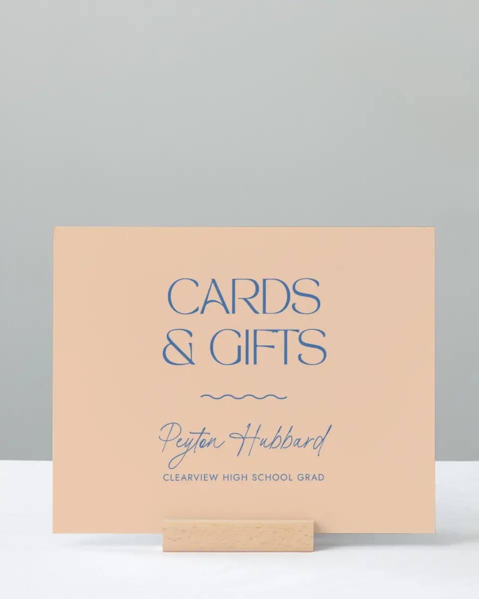 This is a 8" x 10" Cards & Gifts Grad Sign called Modern Montage printed in full color with Silver foil