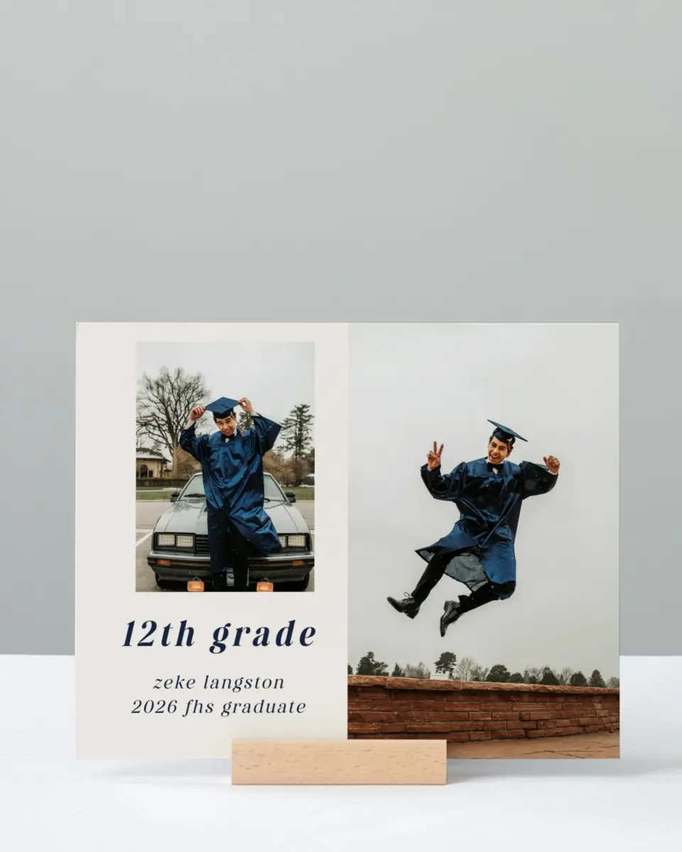 This is a 8" x 10" Photo Grad Sign called Jumping Jubilee printed in full color with Rose Gold foil