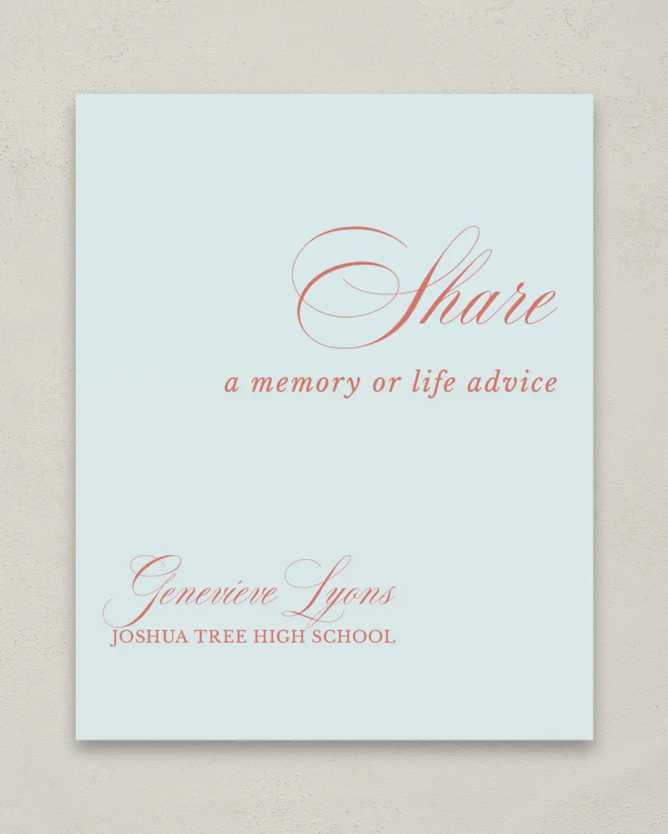 This is a 8" x 10" Memory & Advice Grad Sign called Scripted Accolades printed in full color
