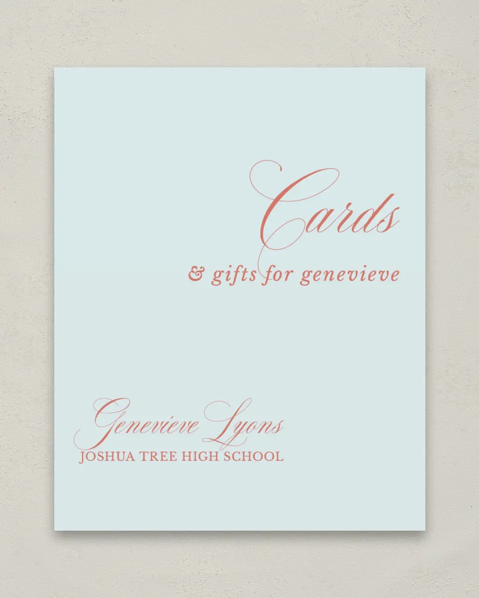 This is a 8" x 10" Cards & Gifts Grad Sign called Scripted Accolades printed in full color