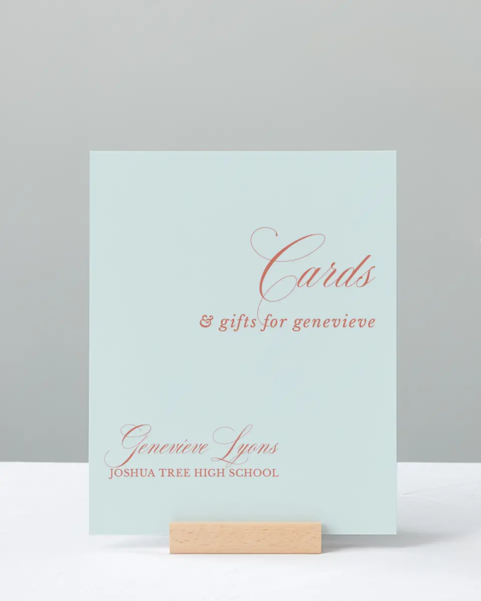 This is a 8" x 10" Cards & Gifts Grad Sign called Scripted Accolades printed in full color