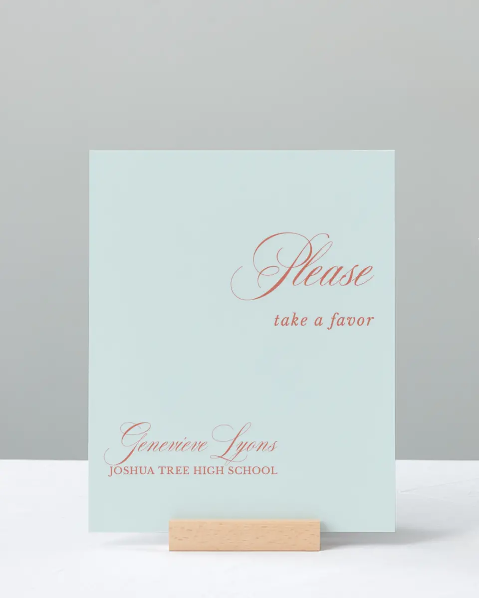 This is a 8" x 10" Take a Favor Grad Sign called Scripted Accolades printed in full color