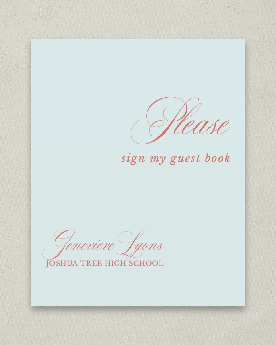 This is a 8" x 10" Guestbook Grad Sign called Scripted Accolades printed in full color
