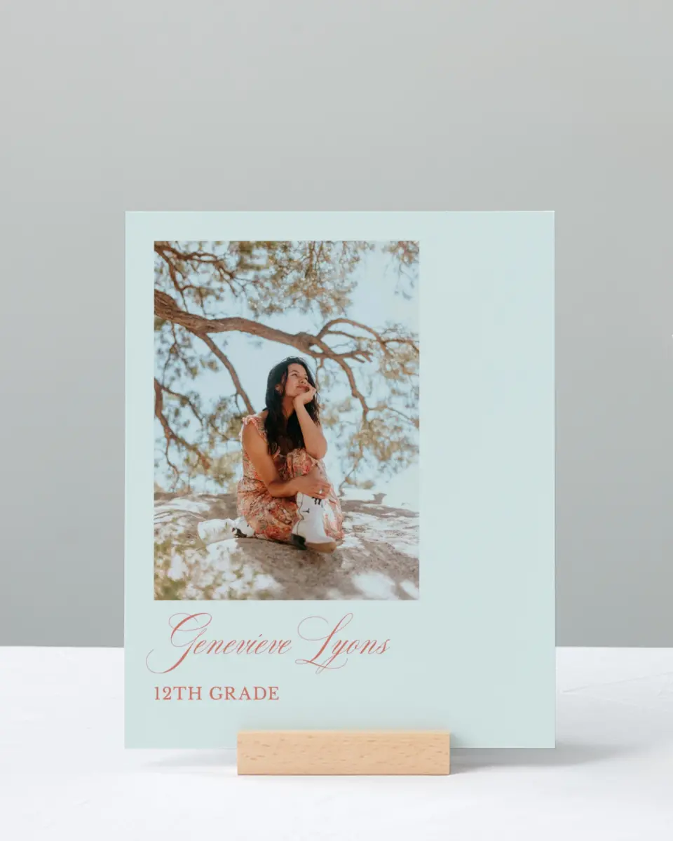 This is a 8" x 10" Photo Grad Sign called Scripted Accolades printed in full color with Rose Gold foil