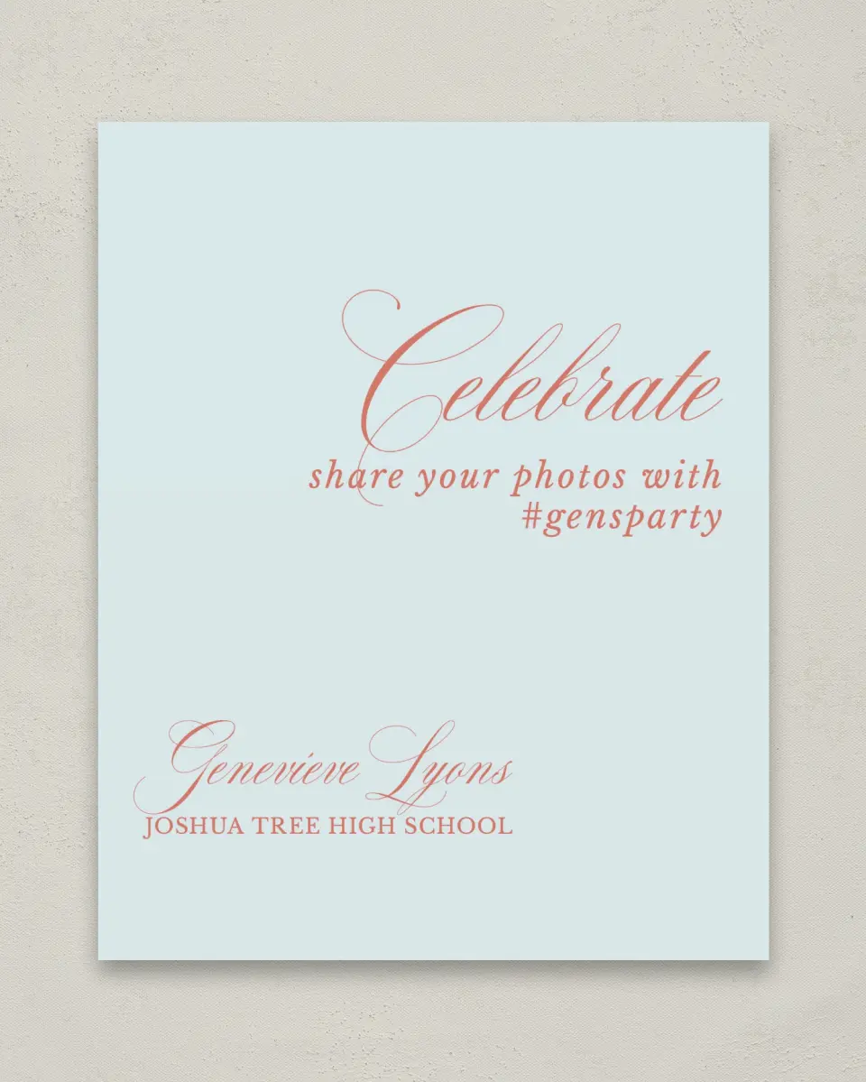 This is a 8" x 10" Let's Celebrate & Snap a Photo Grad Sign called Scripted Accolades printed in full color