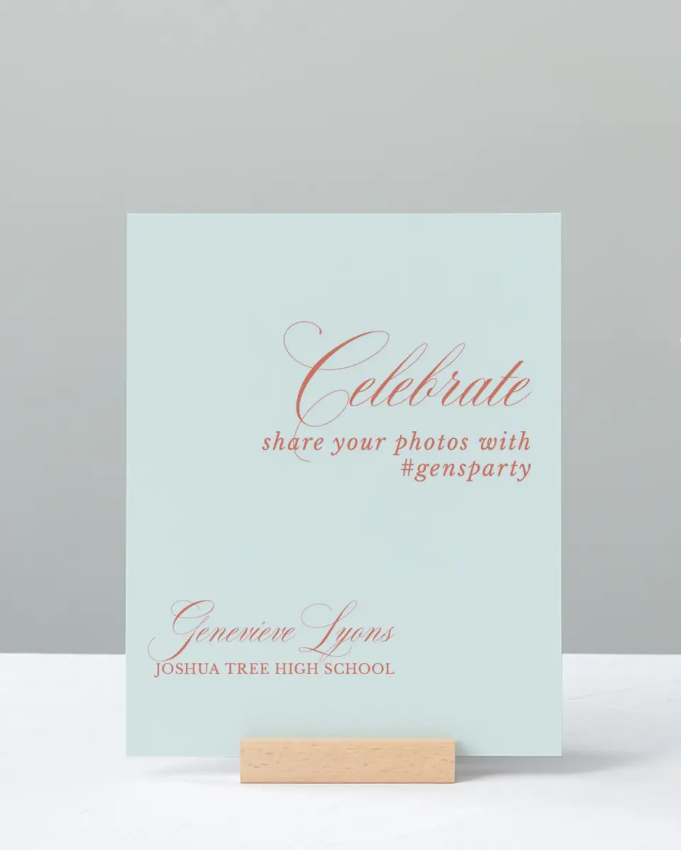 This is a 8" x 10" Let's Celebrate & Snap a Photo Grad Sign called Scripted Accolades printed in full color