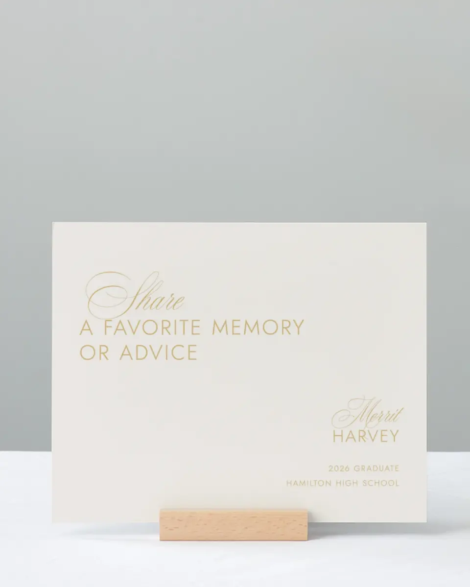 This is a 8" x 10" Memory & Advice Grad Sign called Stay Golden printed in full color with Rose Gold foil