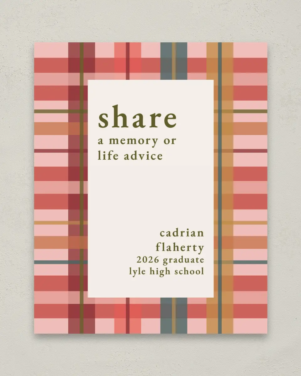 This is a 8" x 10" Memory & Advice Grad Sign called Plaid Praise printed in full color