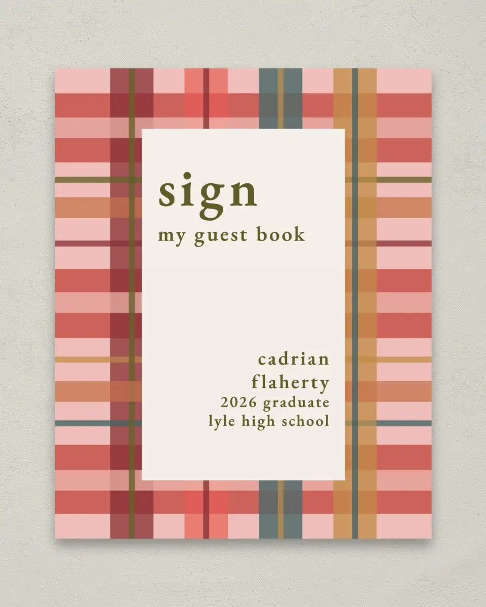 This is a 8" x 10" Guestbook Grad Sign called Plaid Praise printed in full color
