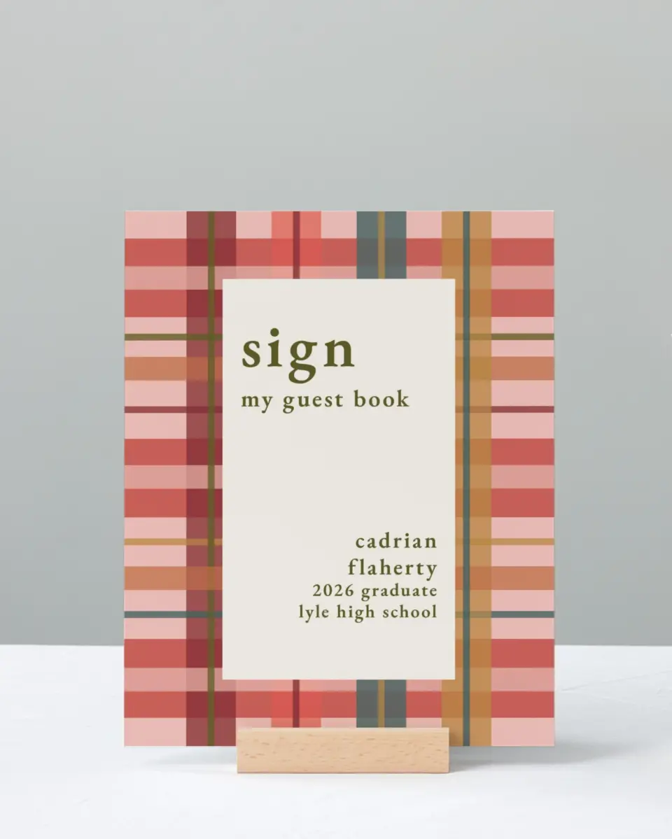 This is a 8" x 10" Guestbook Grad Sign called Plaid Praise printed in full color with Silver foil