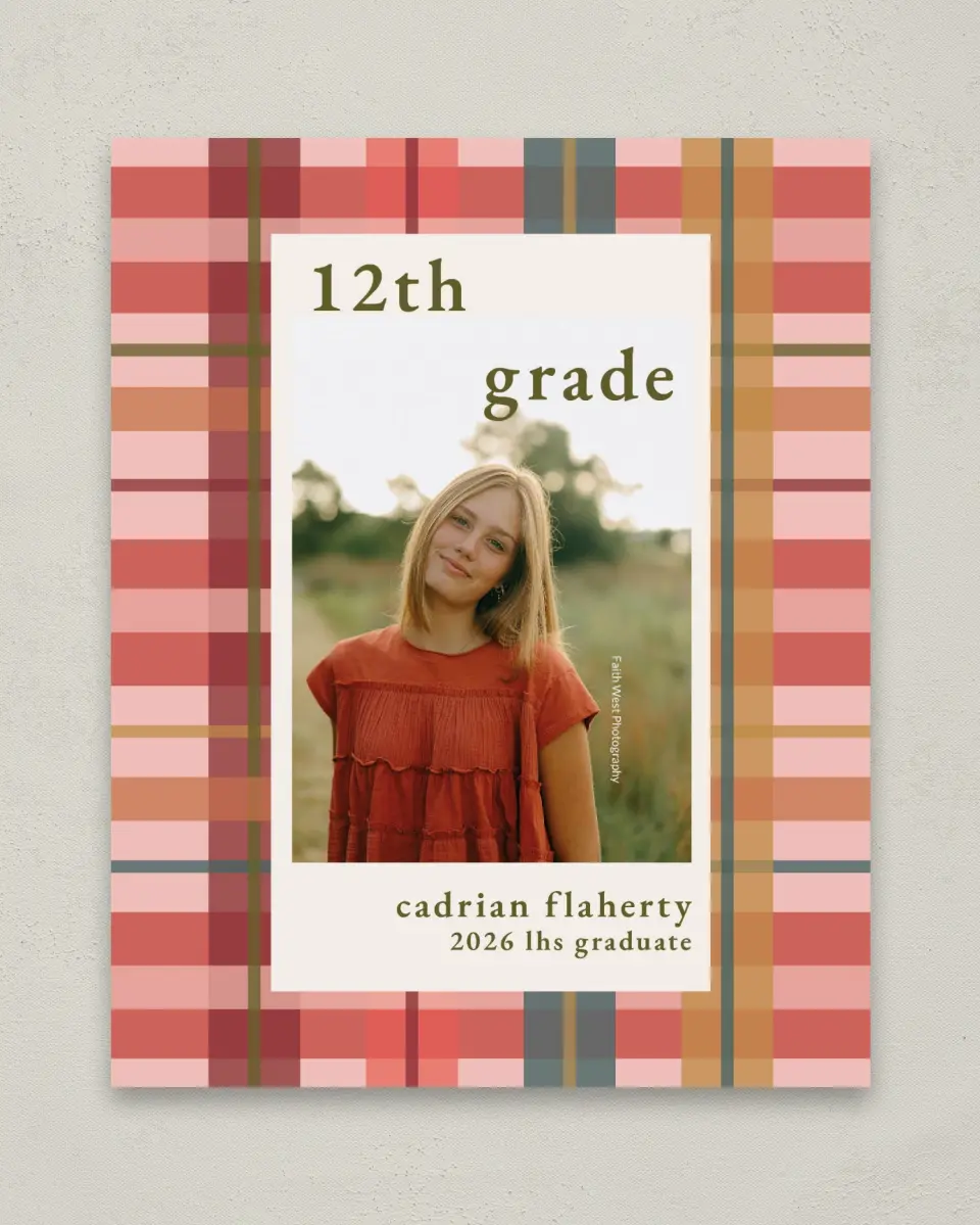 This is a 8" x 10" Photo Grad Sign called Plaid Praise printed in full color