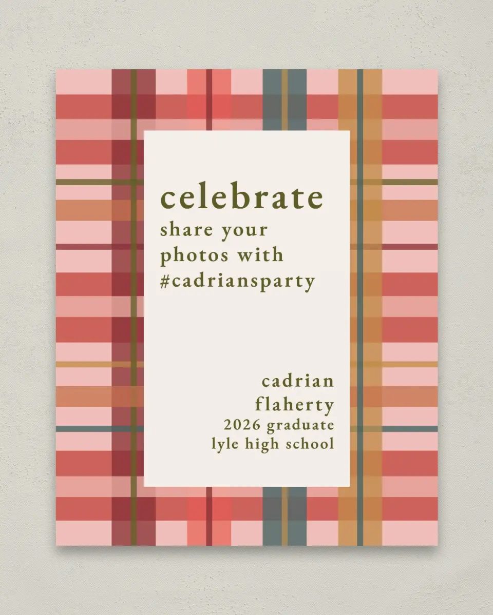 This is a 8" x 10" Let's Celebrate & Snap a Photo Grad Sign called Plaid Praise printed in full color