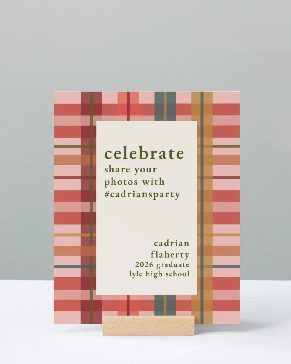 This is a 8" x 10" Let's Celebrate & Snap a Photo Grad Sign called Plaid Praise printed in full color with Silver foil