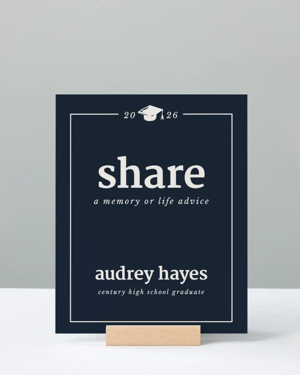 This is a 8" x 10" Memory & Advice Grad Sign called Framed Triumph printed in full color with Rose Gold foil