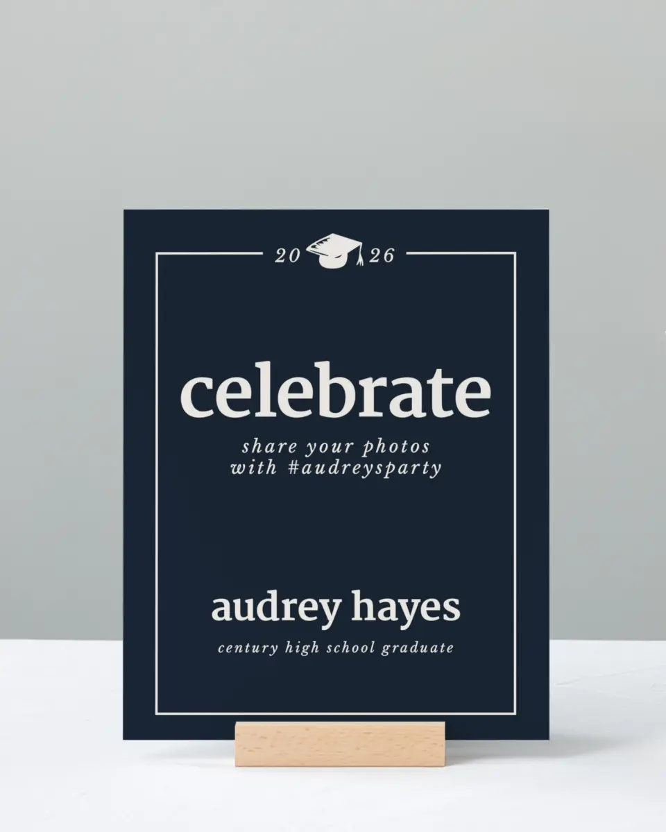 This is a 8" x 10" Let's Celebrate & Snap a Photo Grad Sign called Framed Triumph printed in full color with Silver foil