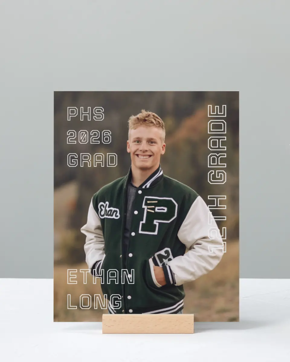This is a 8" x 10" Photo Grad Sign called Athletic Achievement printed in full color with Rose Gold foil