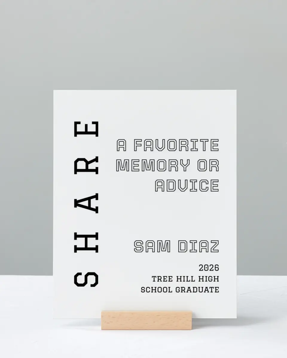 This is a 8" x 10" Memory & Advice Grad Sign called Last Run printed in full color with Rose Gold foil