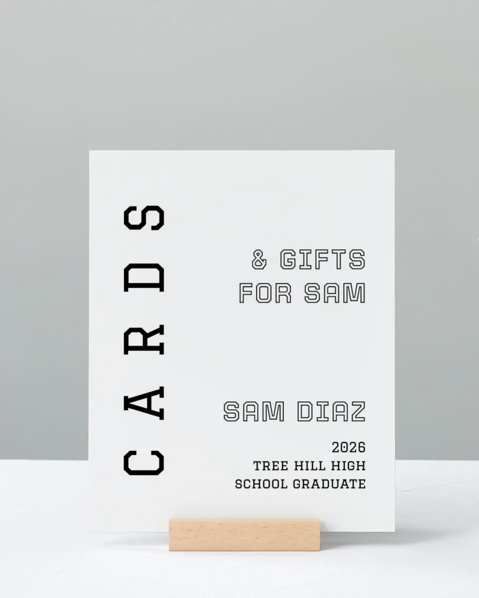 This is a 8" x 10" Cards & Gifts Grad Sign called Last Run printed in full color with Silver foil