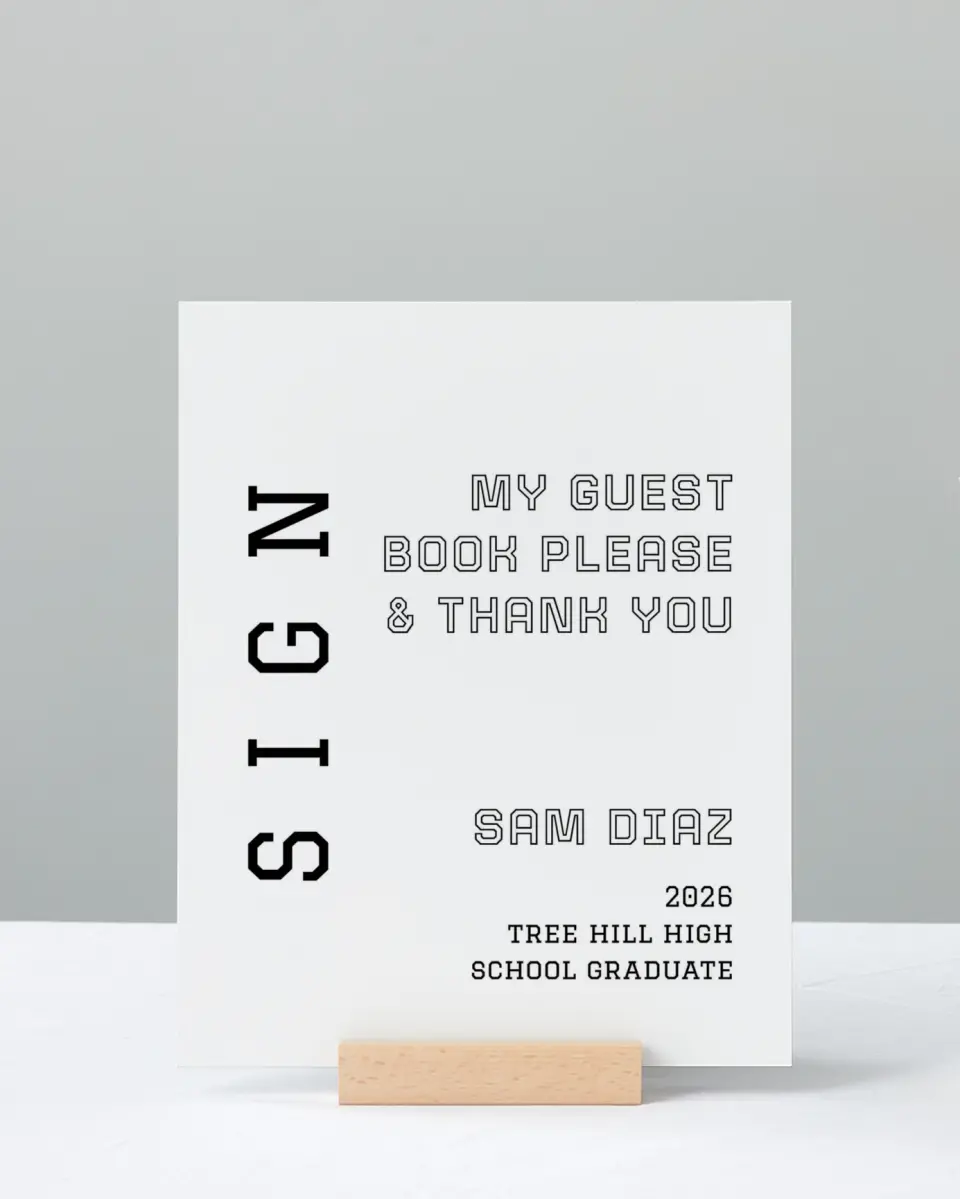 This is a 8" x 10" Guestbook Grad Sign called Last Run printed in full color with Silver foil