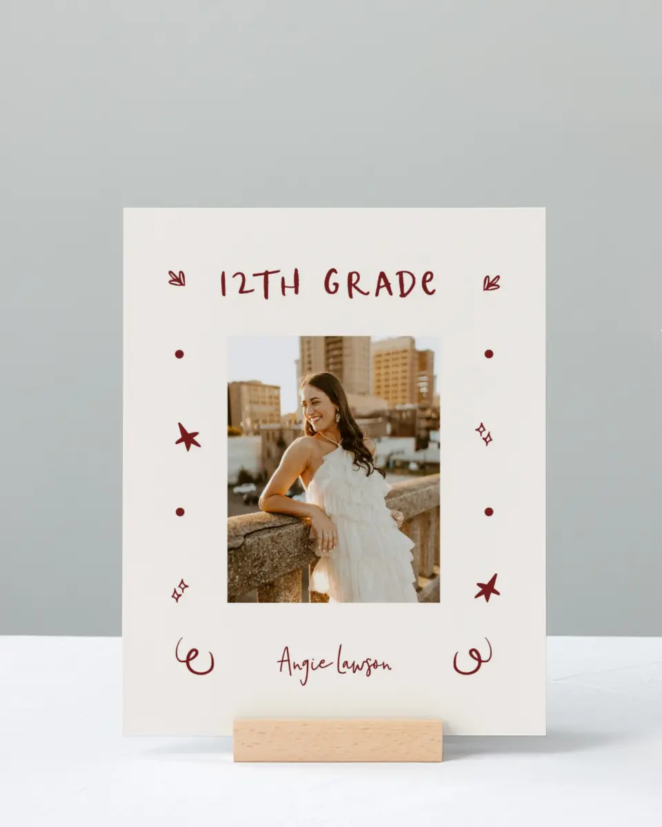 This is a 8" x 10" Photo Grad Sign called Celebratory Confetti printed in full color with Rose Gold foil