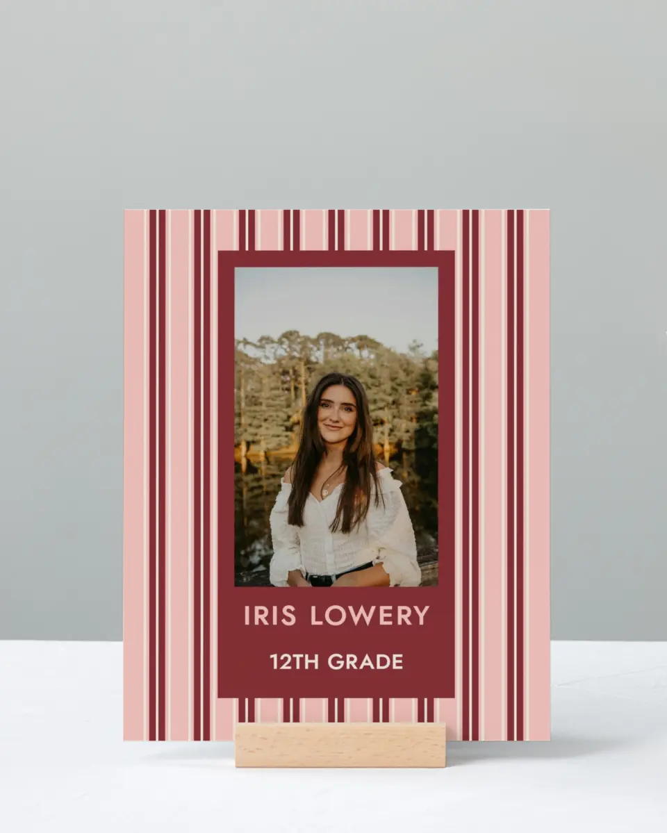 This is a 8" x 10" Photo Grad Sign called Striped Admiration printed in full color with Rose Gold foil
