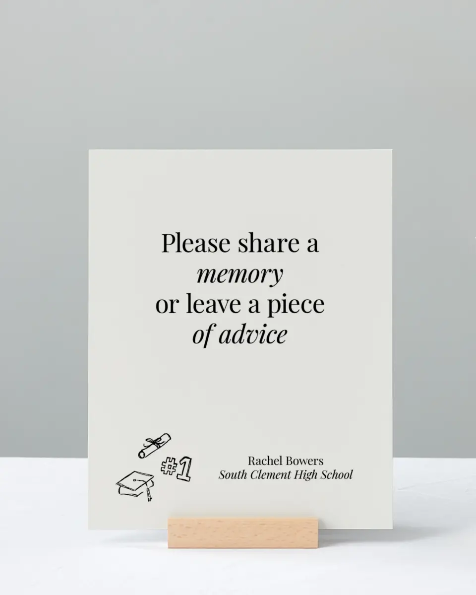 This is a 8" x 10" Memory & Advice Grad Sign called Art of Achievement printed in full color with Rose Gold foil