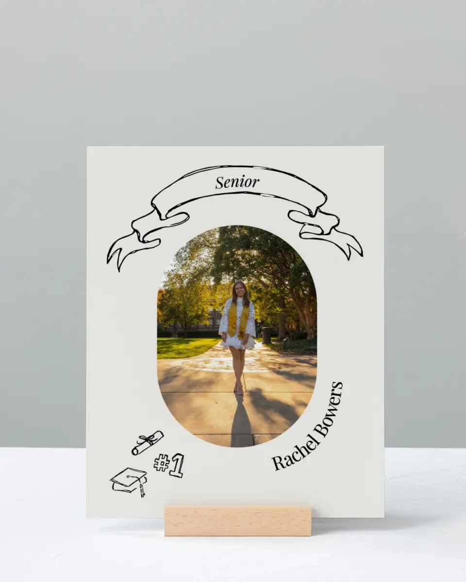This is a 8" x 10" Photo Grad Sign called Art of Achievement printed in full color with Silver foil