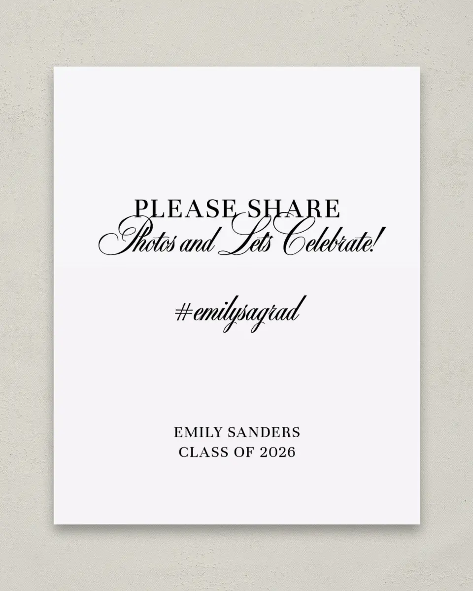 This is a 8" x 10" Let's Celebrate & Snap a Photo Grad Sign called Scholarly Elegance printed in full color