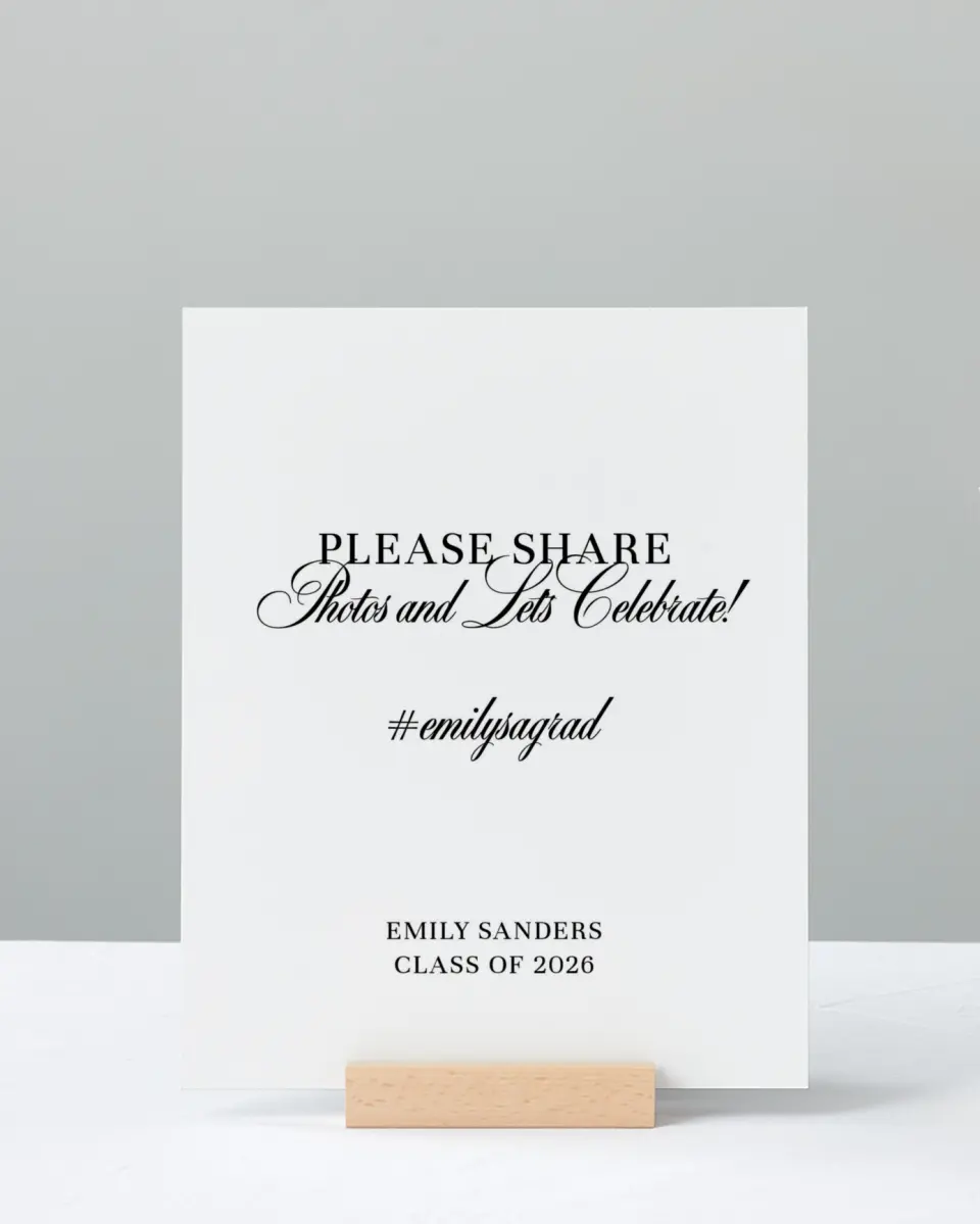 This is a 8" x 10" Let's Celebrate & Snap a Photo Grad Sign called Scholarly Elegance printed in full color