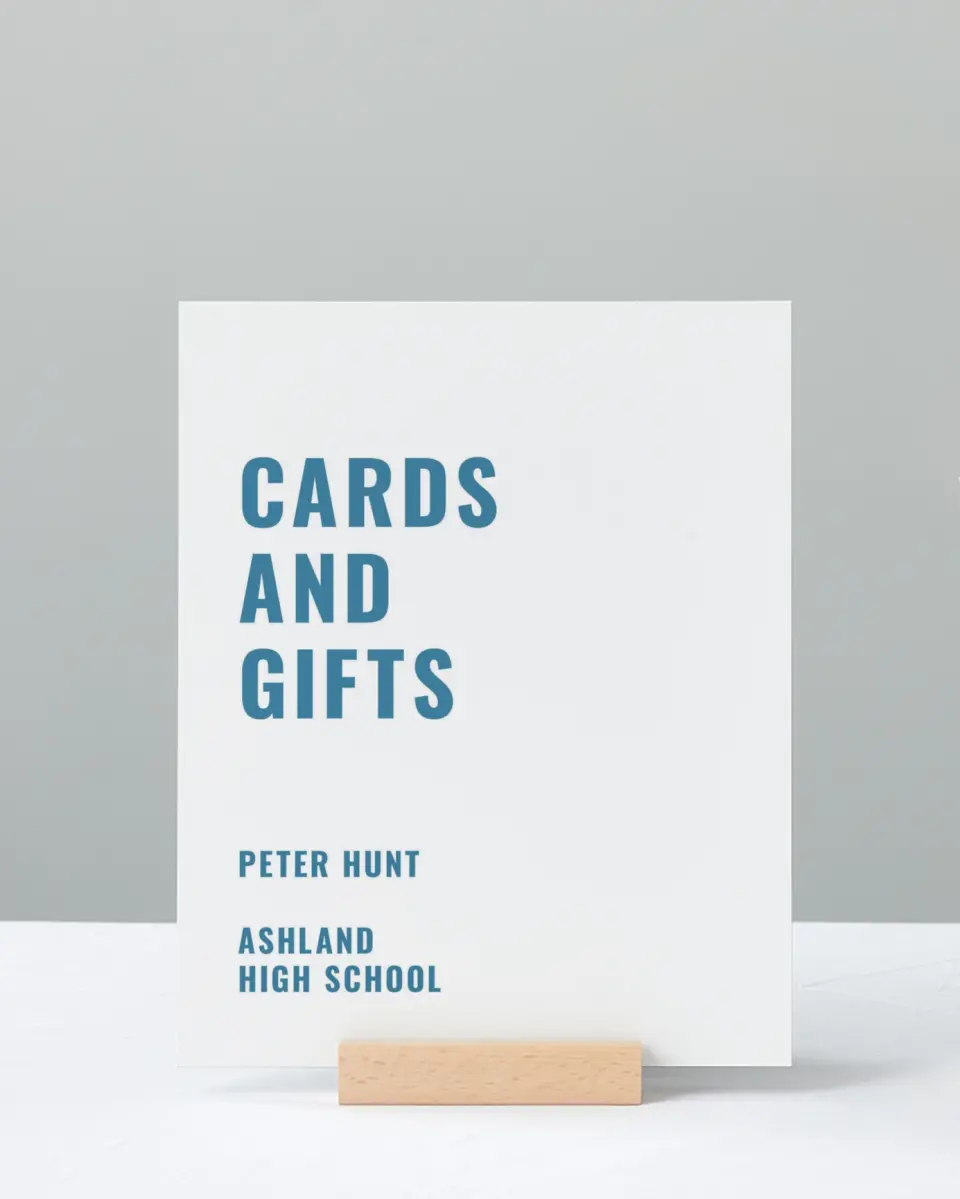 This is a 8" x 10" Cards & Gifts Grad Sign called Modern Milestone printed in full color