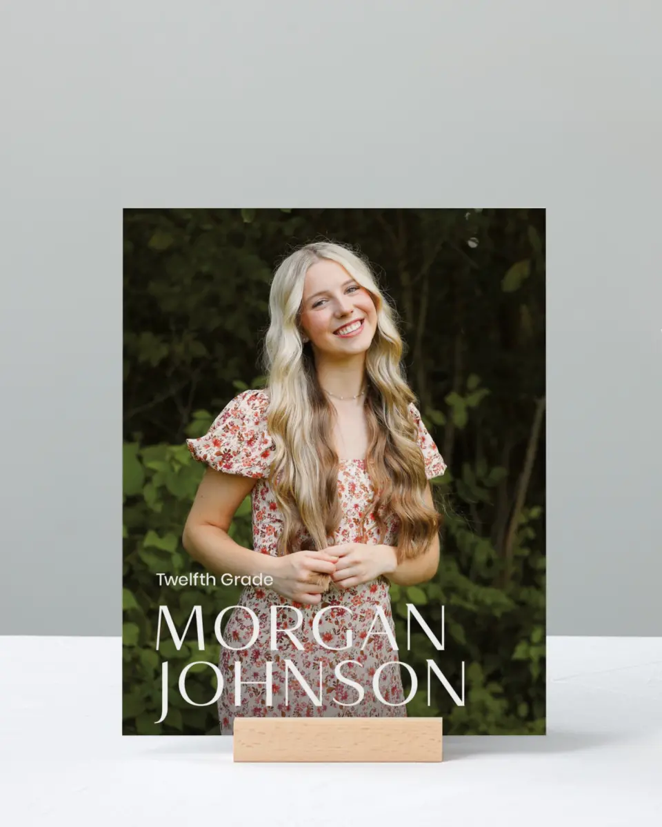 This is a 8" x 10" Photo Grad Sign called Spotlight Grad printed in full color with Rose Gold foil