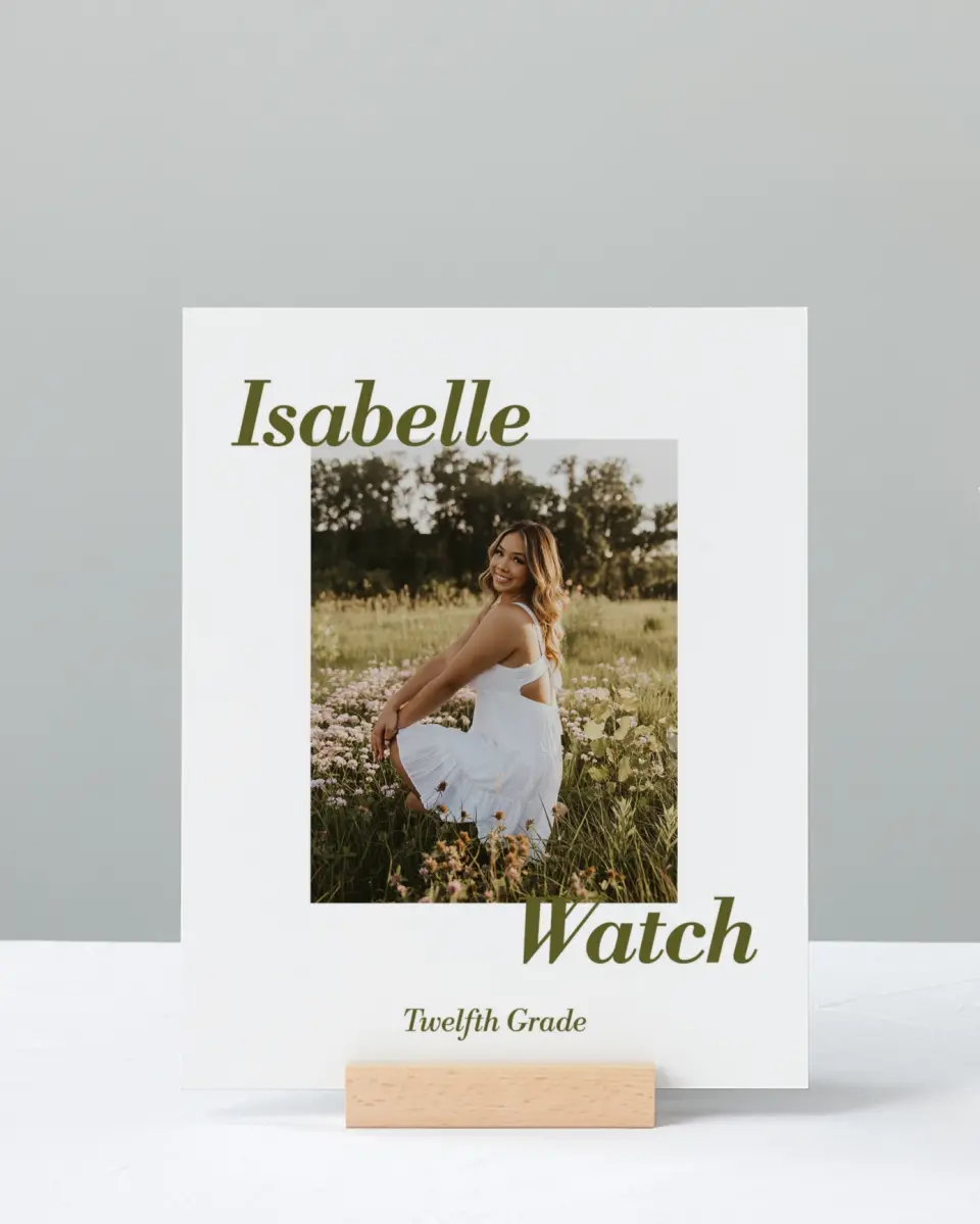This is a 8" x 10" Photo Grad Sign called Grad Year printed in full color with Rose Gold foil