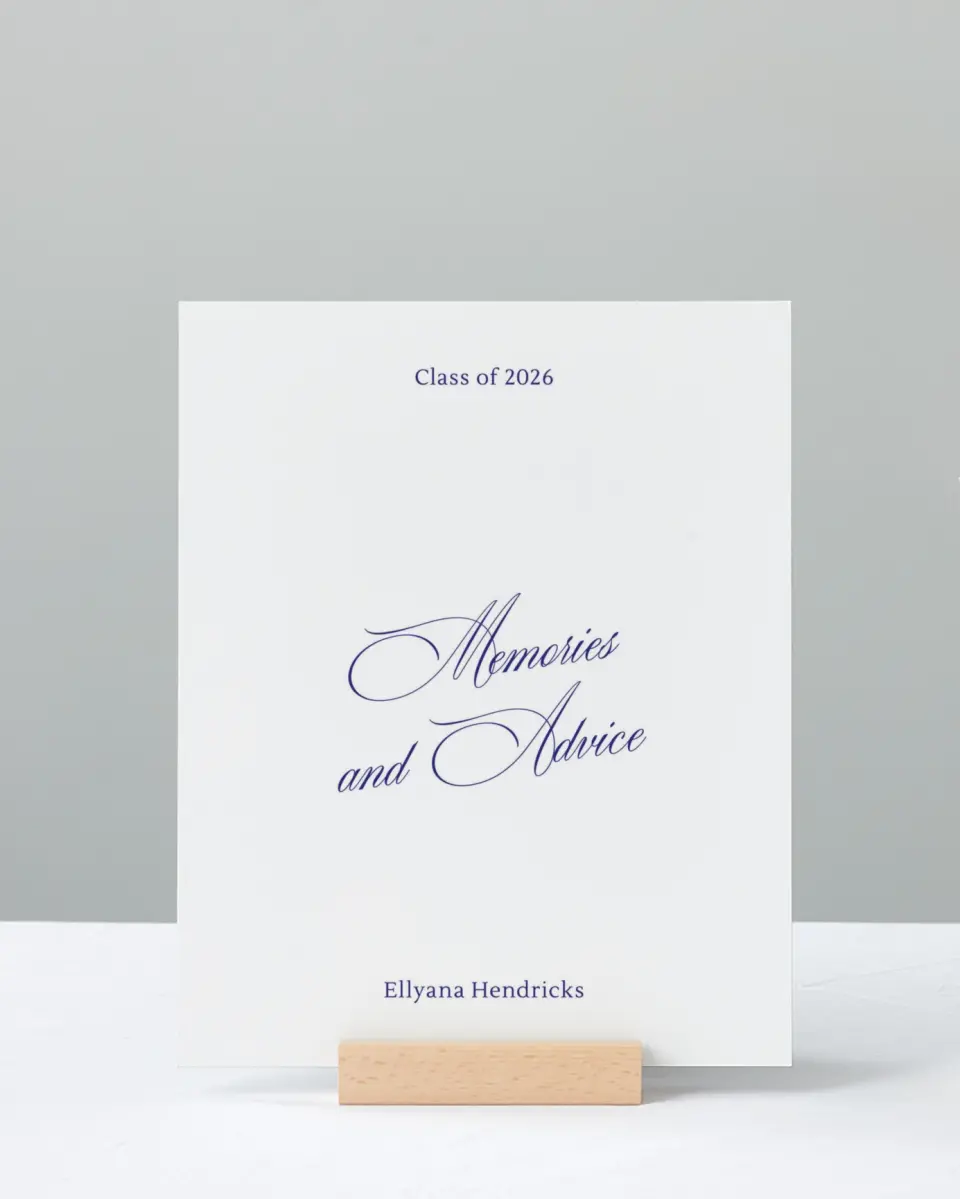 This is a 8" x 10" Memory & Advice Grad Sign called Elegantly Graduated printed in full color with Rose Gold foil