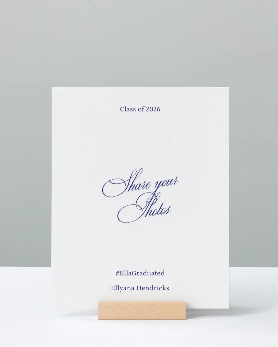 This is a 8" x 10" Let's Celebrate & Snap a Photo Grad Sign called Elegantly Graduated printed in full color with Silver foil